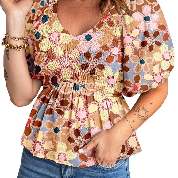 Apricot Boho Flower Print Puff Sleeve Peplum Top blouse V-Neck - Picture 13 of 13